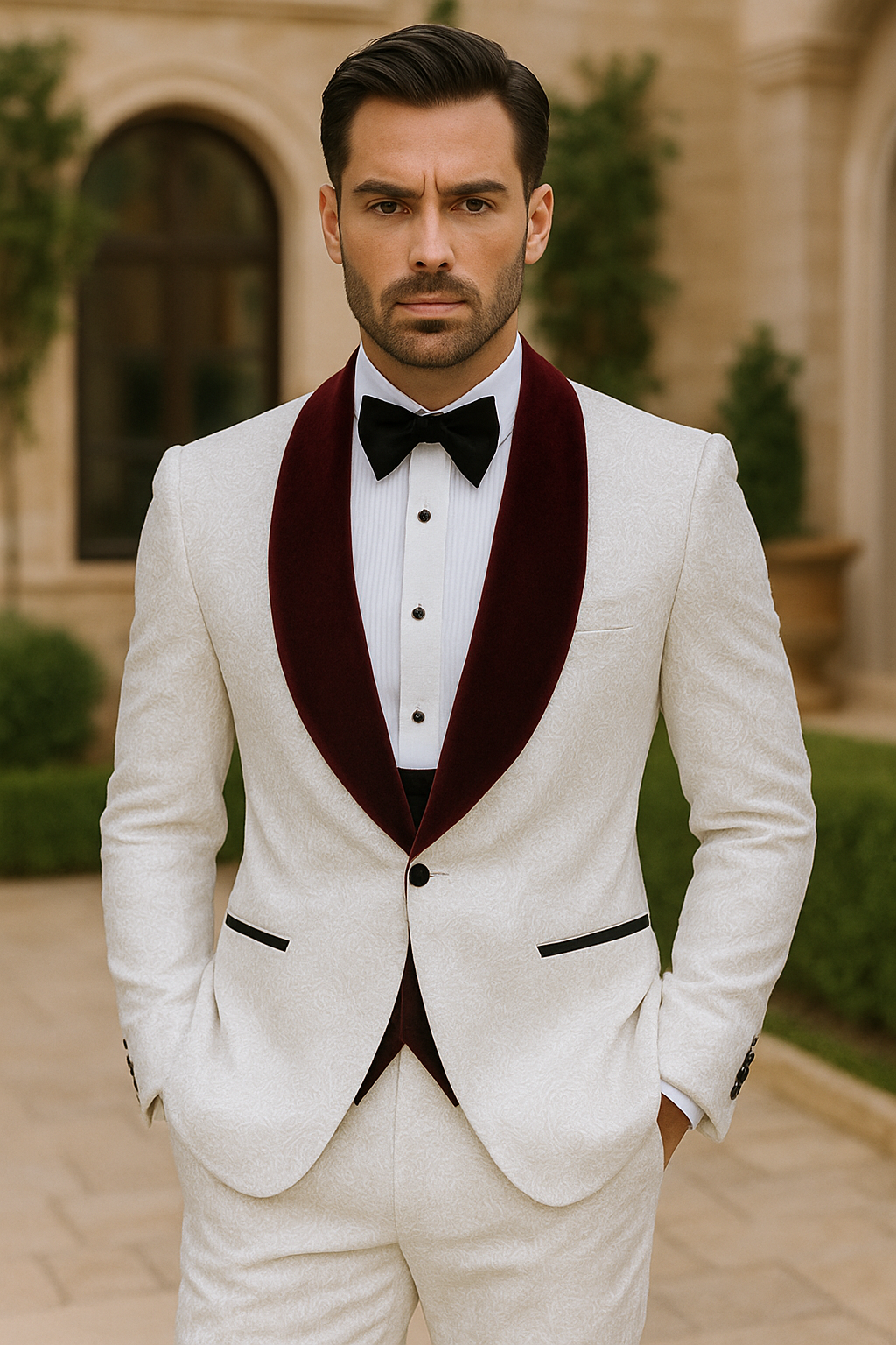 Men One Button Floral White and Burgundy Tuxedo – 3 Piece - Coat Size 38