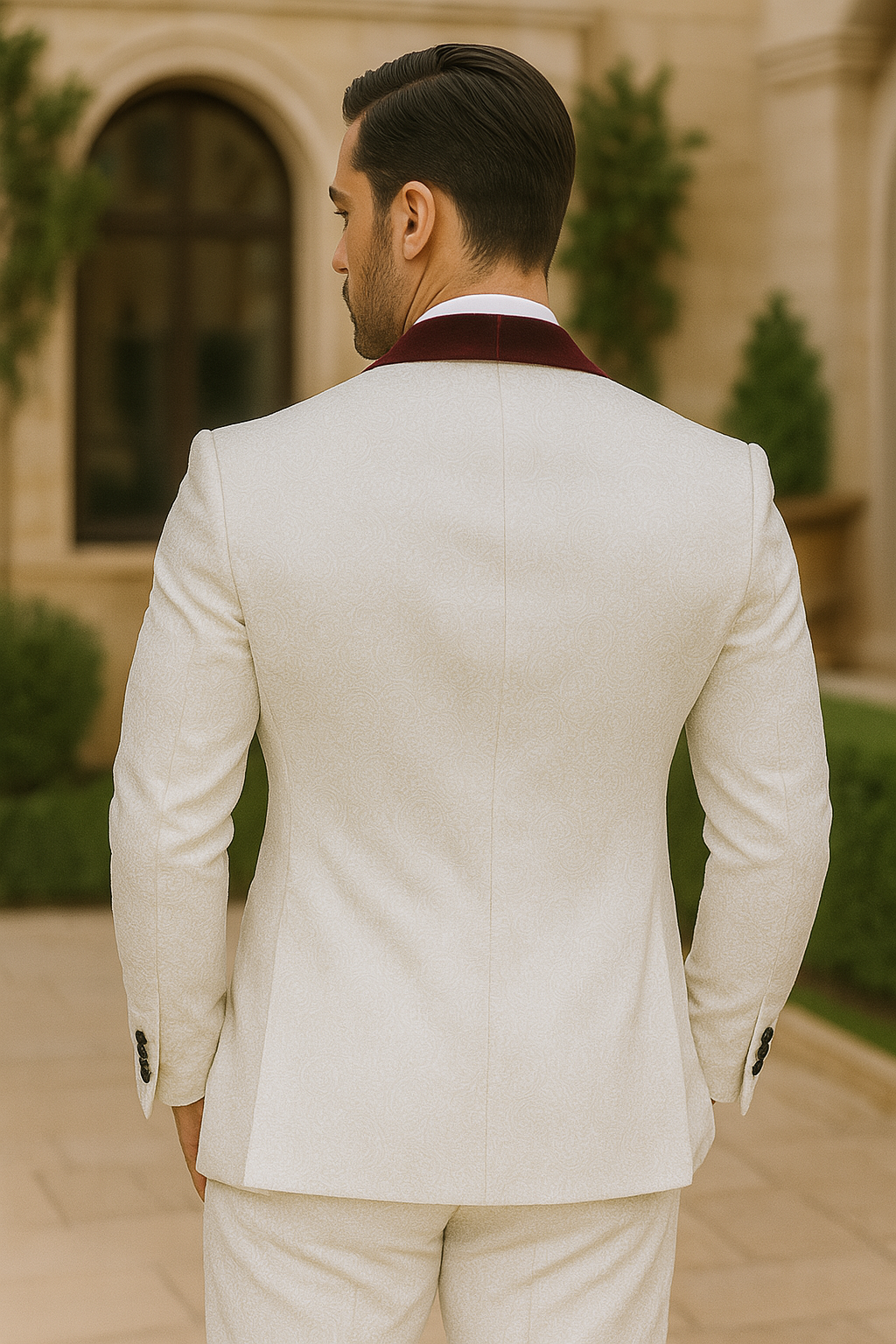 Men One Button Floral White and Burgundy Tuxedo – 3 Piece - Coat Size 38