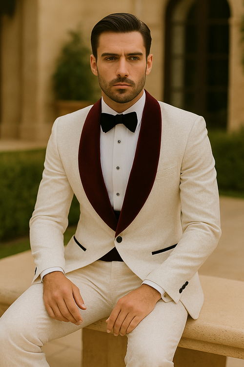 Men One Button Floral White and Burgundy Tuxedo 3 Piece