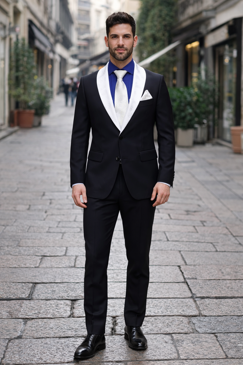Men’s Black Tuxedo with White & Blue Lapel – Slim Modern fit for Wedding