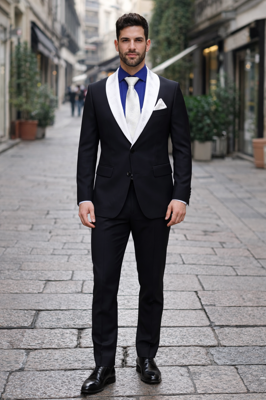Men’s Black Tuxedo with White & Blue Lapel – Slim Modern fit for Wedding