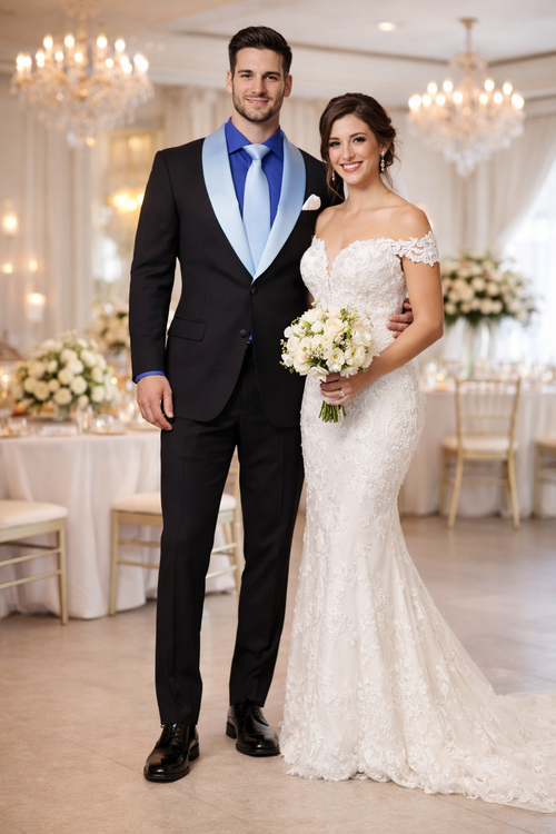 Men’s Black Tuxedo with White & Blue Lapel – Slim Modern fit for Wedding