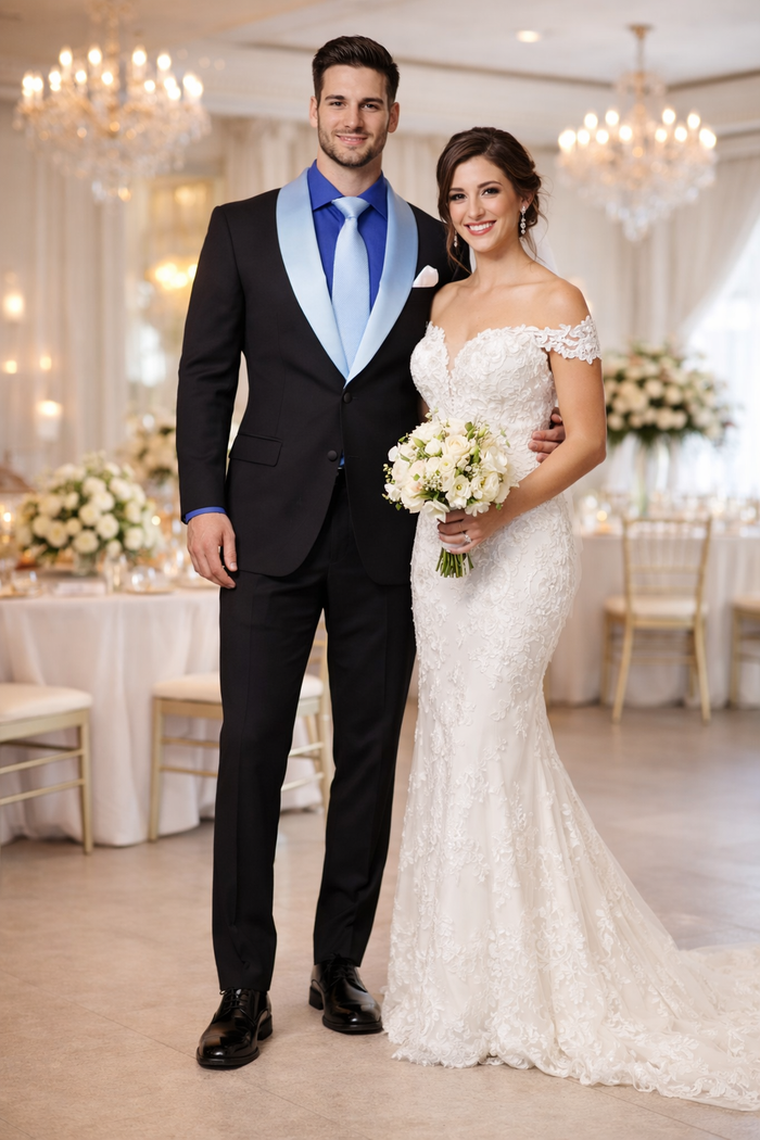 Men’s Black Tuxedo with White & Blue Lapel – Slim Modern fit for Wedding