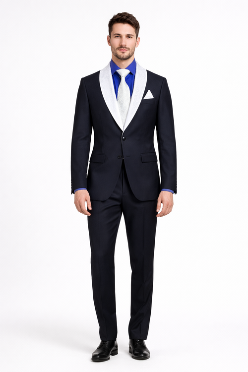 Men’s Black Tuxedo with White & Blue Lapel – Slim Modern fit for Wedding