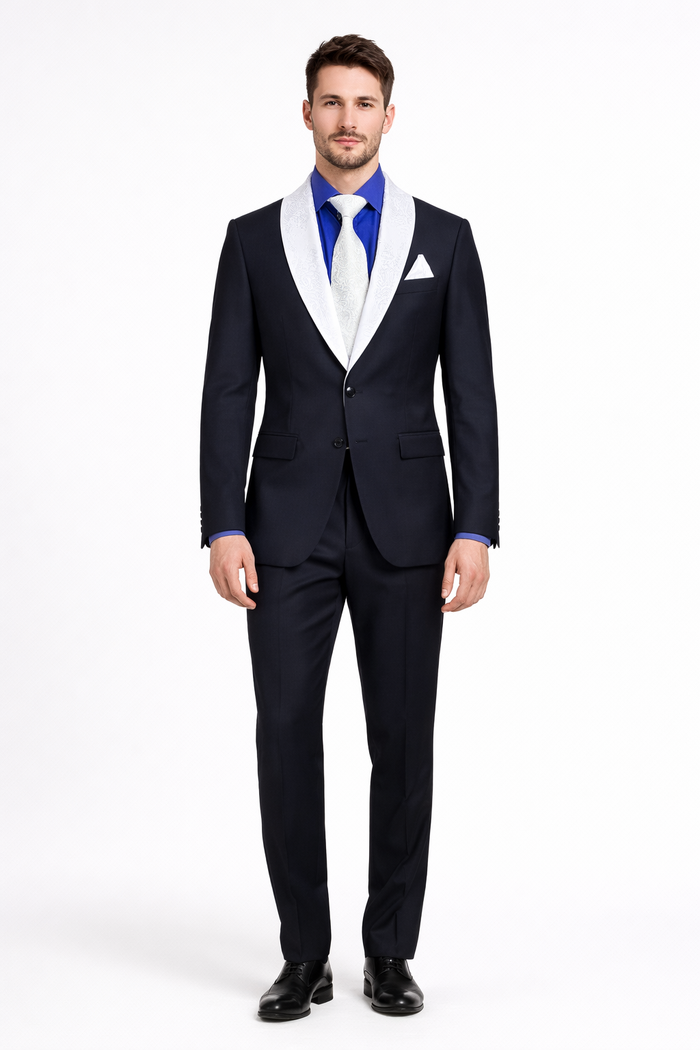 Men’s Black Tuxedo with White & Blue Lapel – Slim Modern fit for Wedding