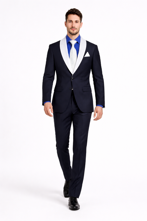 Men’s Black Tuxedo with White & Blue Lapel – Slim Modern fit for Wedding