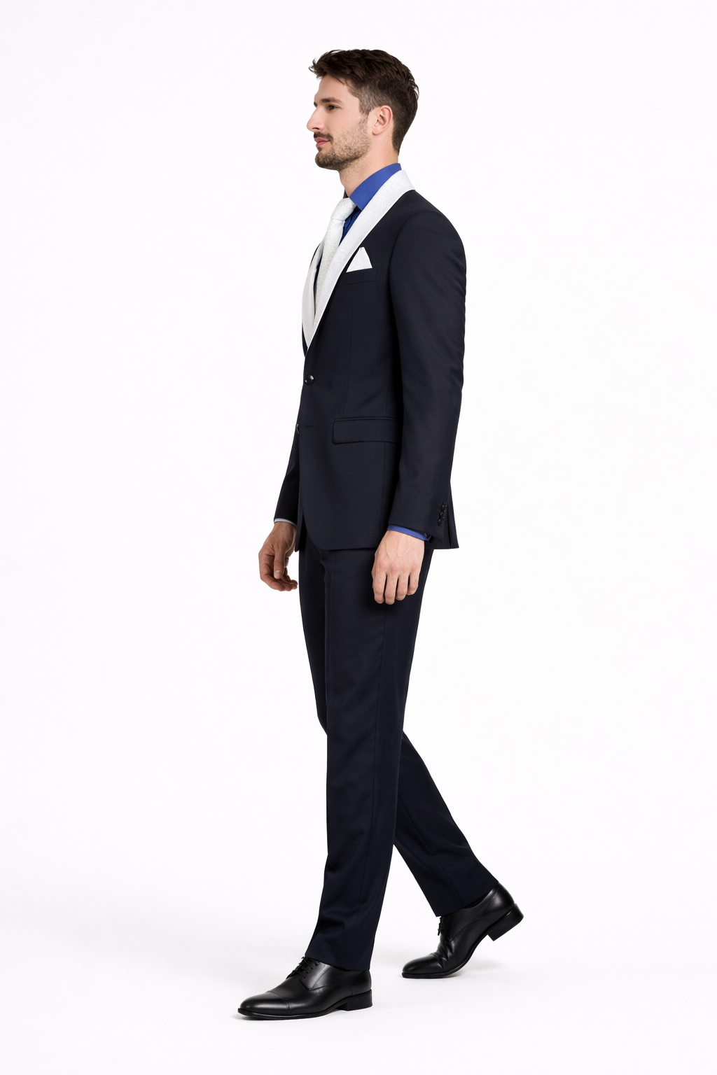Men’s Black Tuxedo with White & Blue Lapel – Slim Modern fit for Wedding - 34 Short