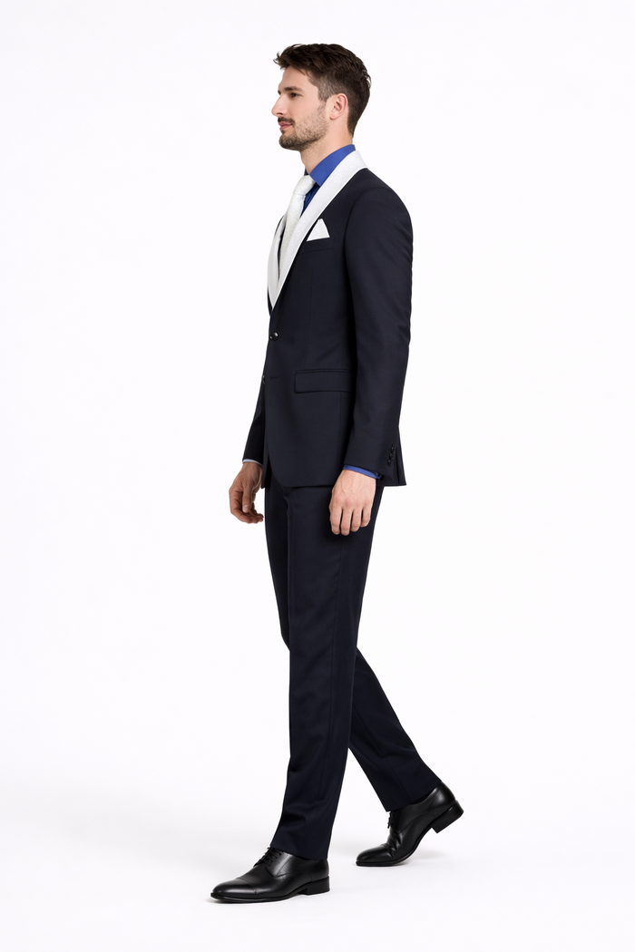 Men’s Black Tuxedo with White & Blue Lapel – Slim Modern fit for Wedding