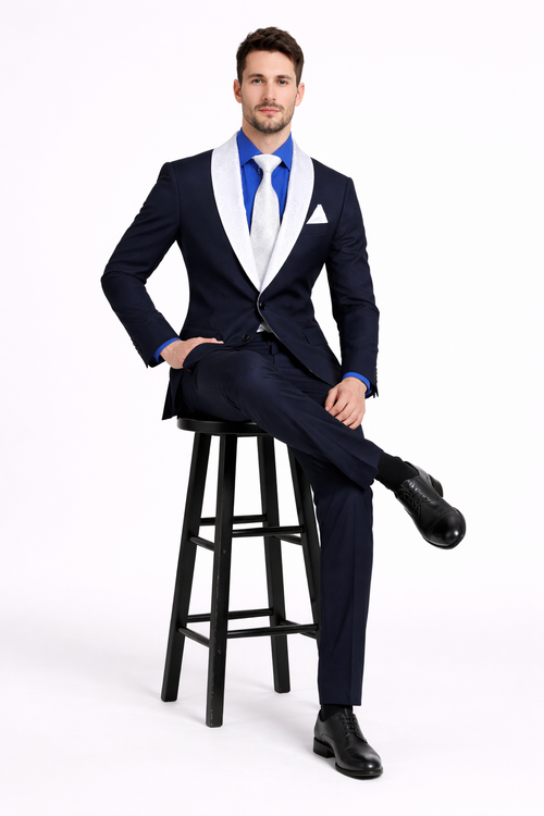 Men’s Black Tuxedo with White & Blue Lapel – Slim Modern fit for Wedding