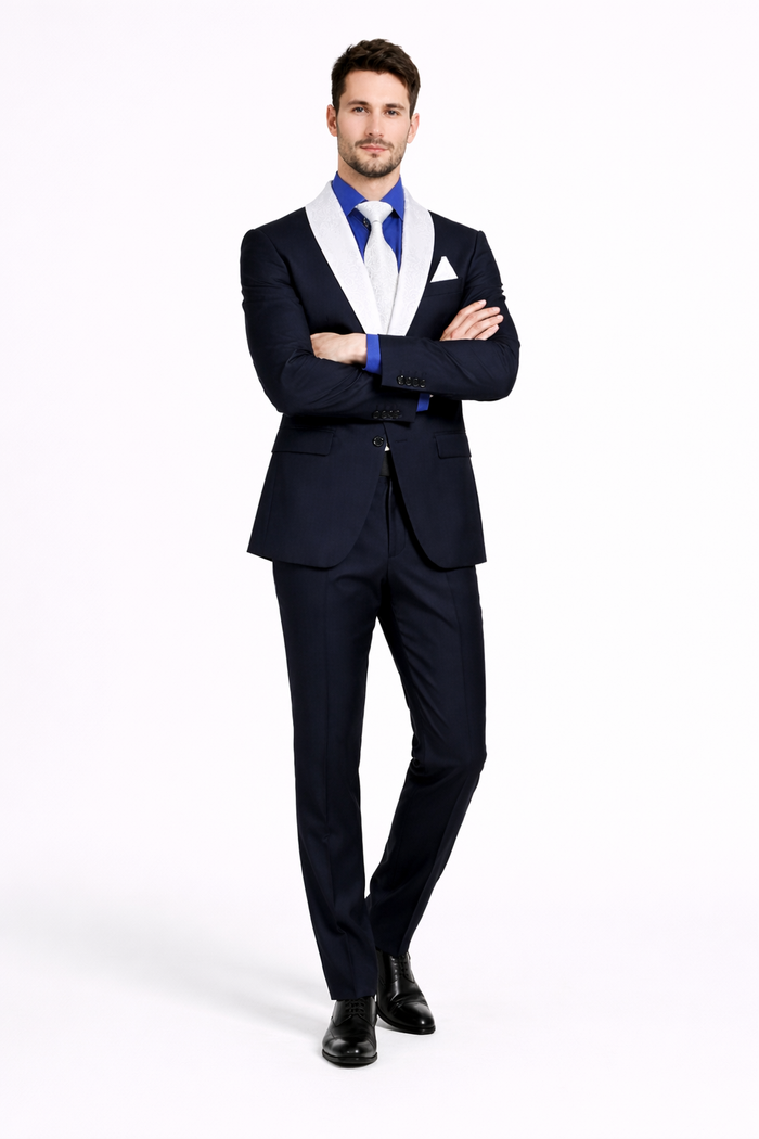 Men’s Black Tuxedo with White & Blue Lapel – Slim Modern fit for Wedding