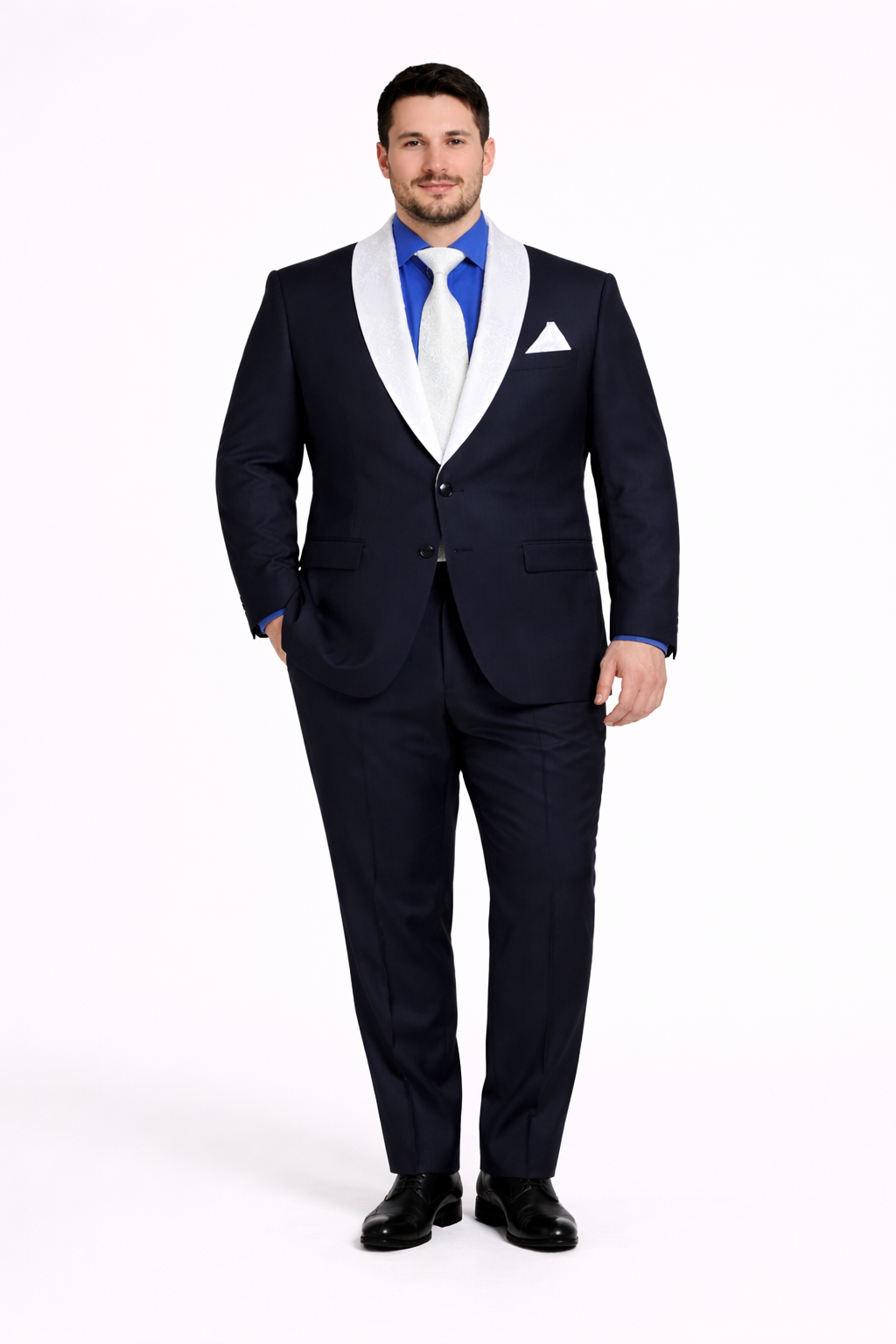 Men’s Black Tuxedo with White & Blue Lapel – Slim Modern fit for Wedding - 34 Short