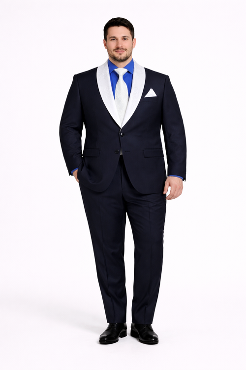 Men’s Black Tuxedo with White & Blue Lapel – Slim Modern fit for Wedding