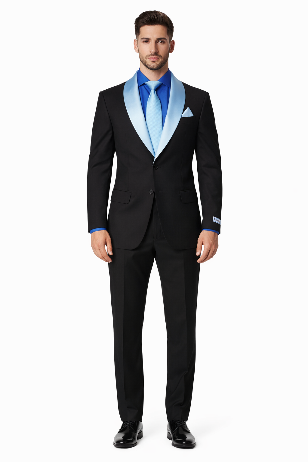 Men’s Black Tuxedo with White & Blue Lapel – Slim Modern fit for Wedding