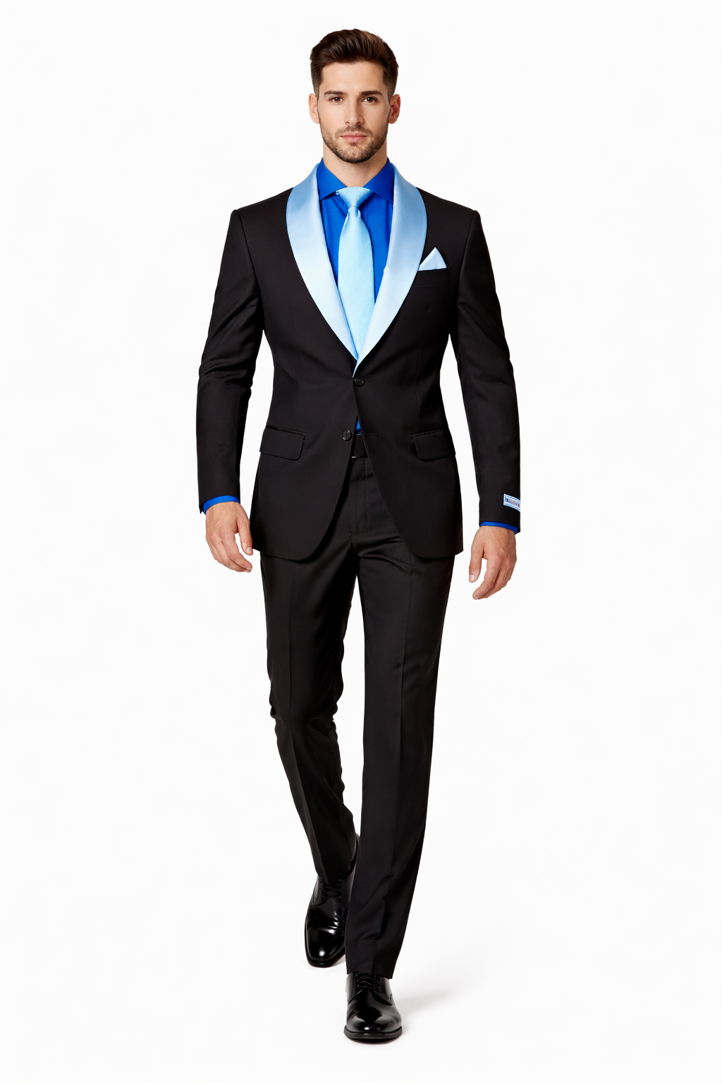 Men’s Black Tuxedo with White & Blue Lapel – Slim Modern fit for Wedding