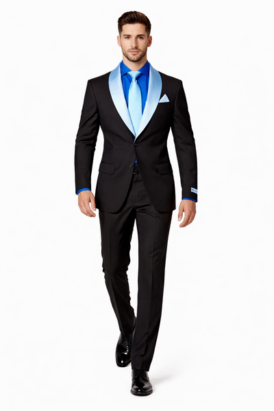 Men’s Black Tuxedo with White & Blue Lapel – Slim Modern fit for Wedding
