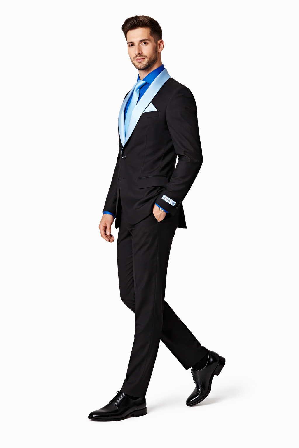 Men’s Black Tuxedo with White & Blue Lapel – Slim Modern fit for Wedding - 34 Short