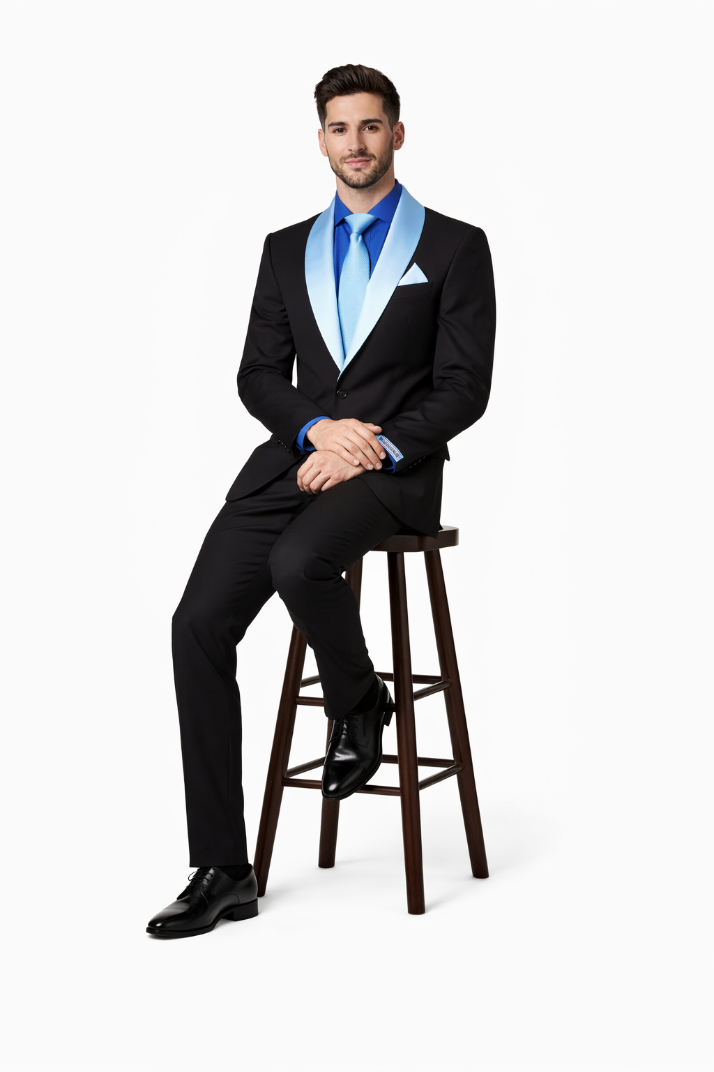 Men’s Black Tuxedo with White & Blue Lapel – Slim Modern fit for Wedding - 34 Short