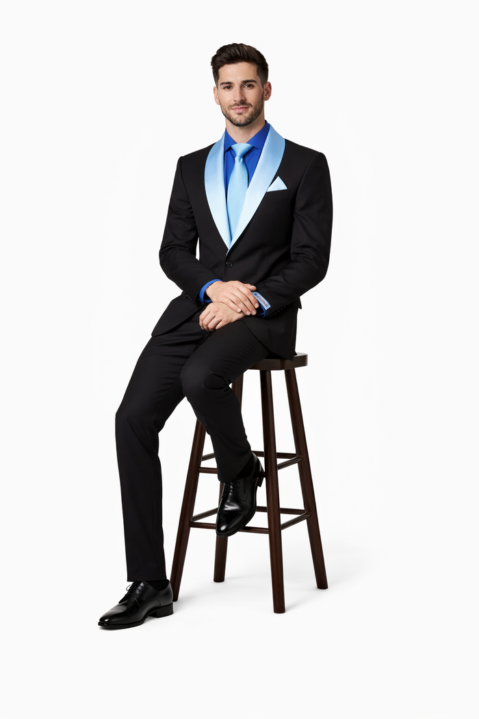 Men’s Black Tuxedo with White & Blue Lapel – Slim Modern fit for Wedding