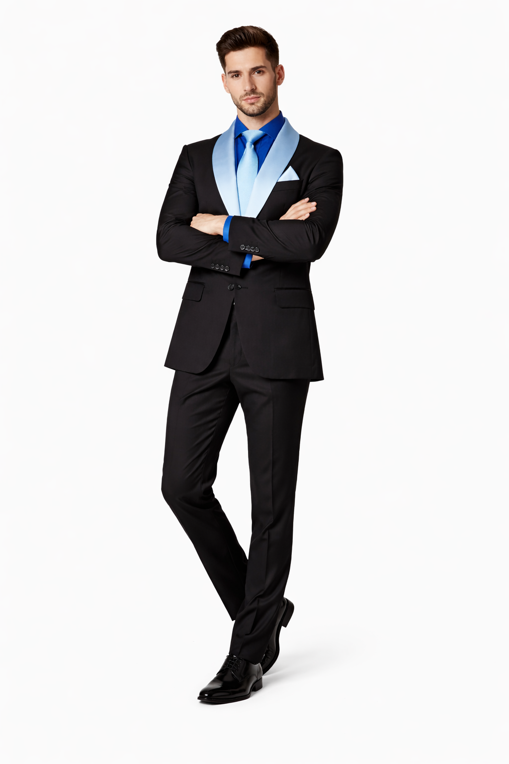 Men’s Black Tuxedo with White & Blue Lapel – Slim Modern fit for Wedding