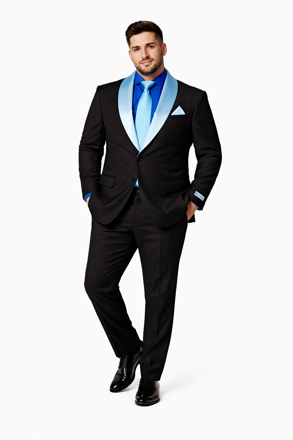 Men’s Black Tuxedo with White & Blue Lapel – Slim Modern fit for Wedding - 34 Short