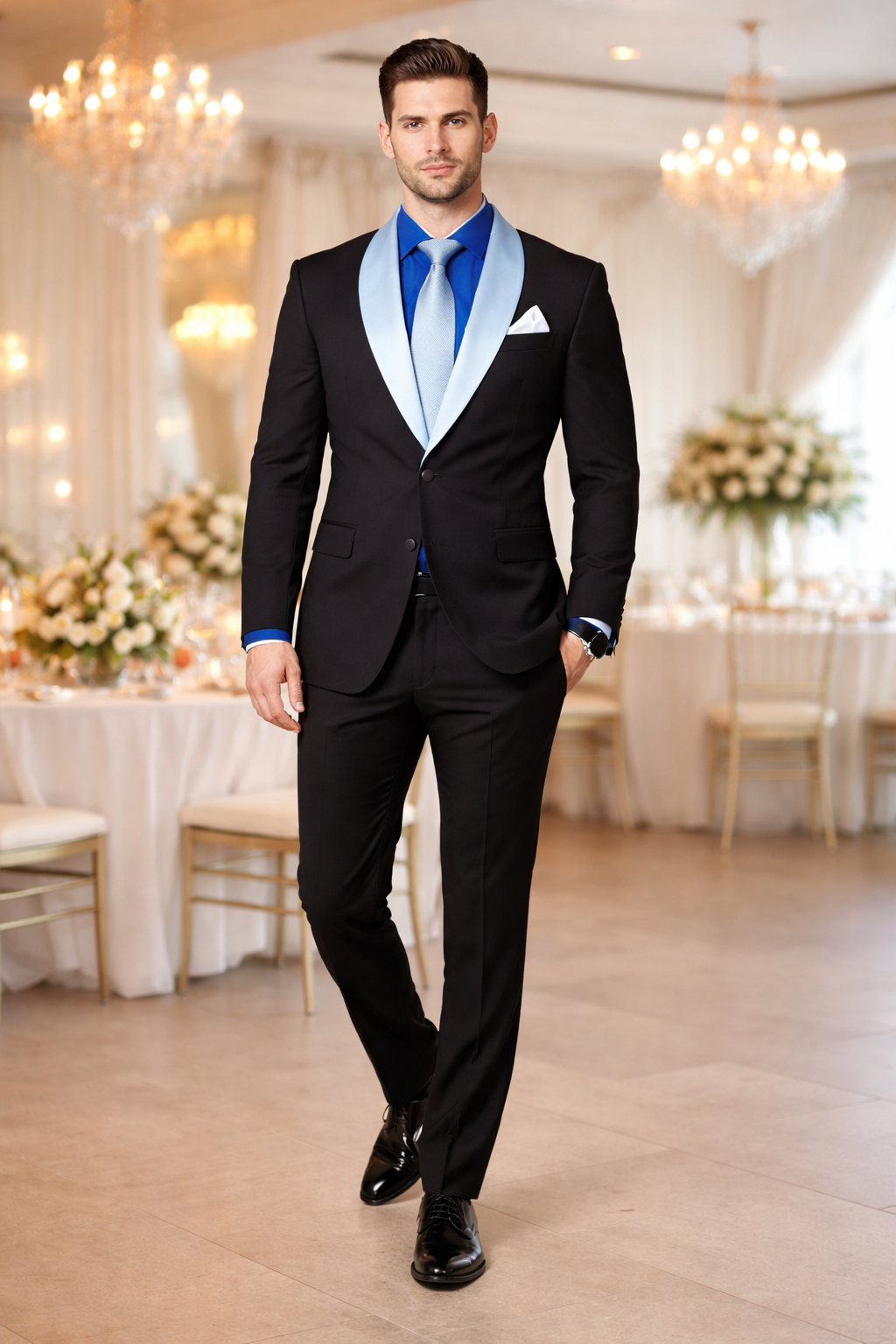 Men’s Black Tuxedo with White & Blue Lapel – Slim Modern fit for Wedding - 34 Short