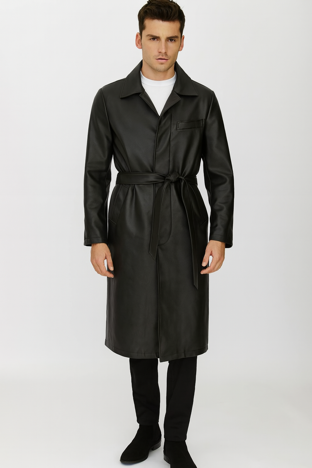 Men’s Black PU Belted Trench Coat – Long Leather Look Overcoat Full length - Small