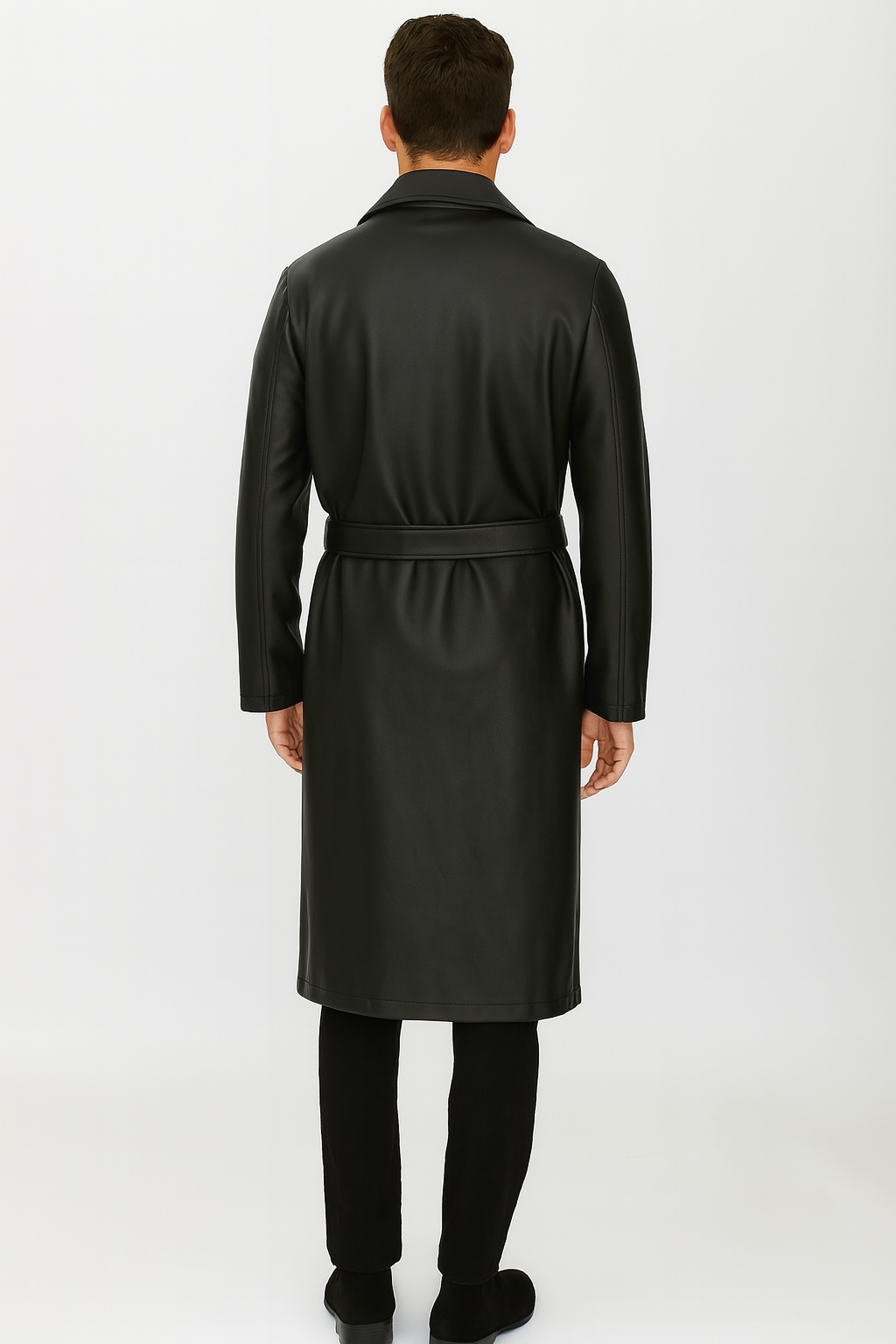 Men’s Black PU Belted Trench Coat – Long Leather Look Overcoat Full length - Small