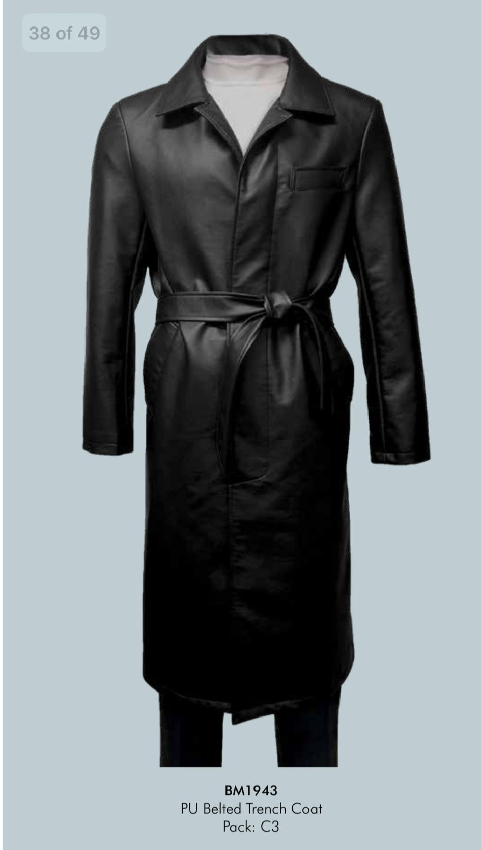 Men’s Black PU Belted Trench Coat – Long Leather Look Overcoat Full length - Small