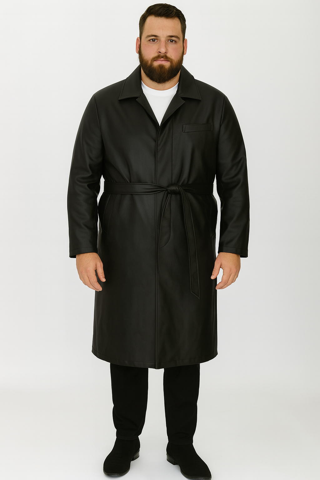 Men’s Black PU Belted Trench Coat – Long Leather Look Overcoat Full length - Small