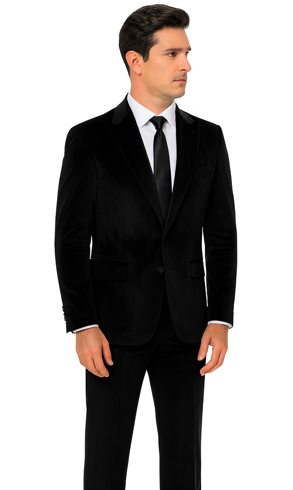 Mens Black Velvet Tuxedo Suit – Tazzio 2-Piece Slim Fit Peak Lapel Formalwear