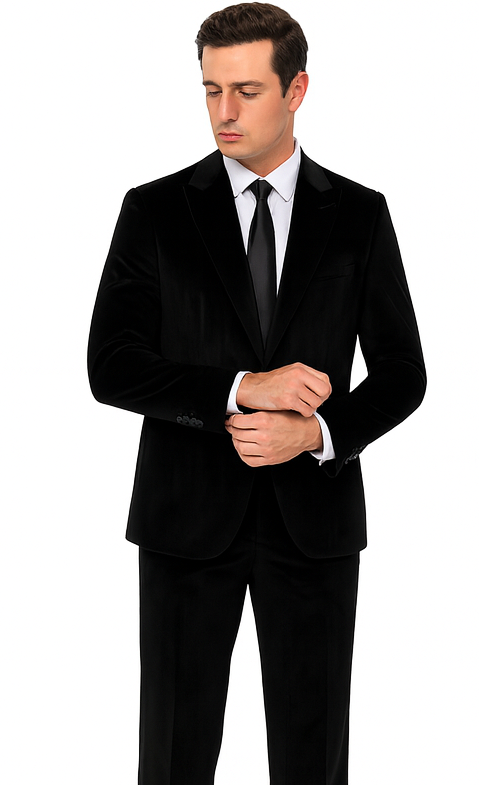 Mens Black Velvet Tuxedo Suit – Tazzio 2-Piece Slim Fit Peak Lapel Formalwear