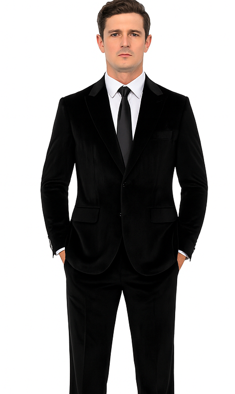 Mens Black Velvet Tuxedo Suit – Tazzio 2-Piece Slim Fit Peak Lapel Formalwear