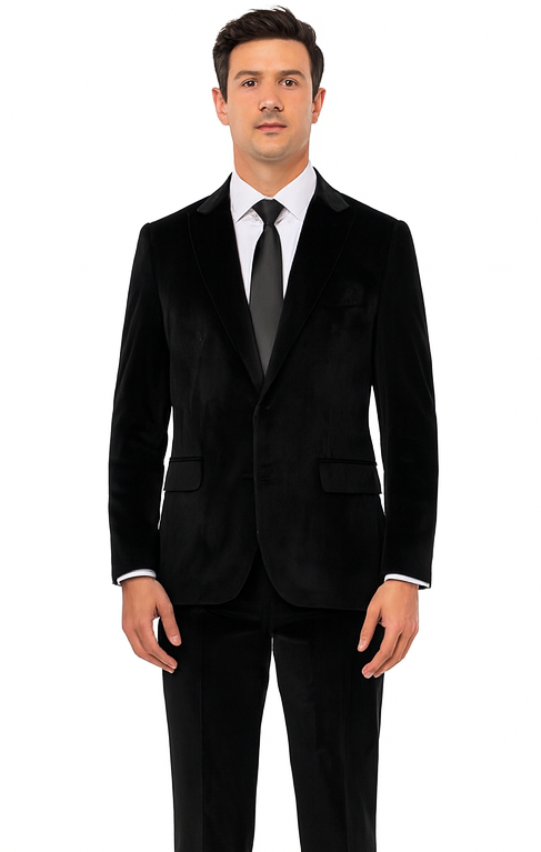 Mens Black Velvet Tuxedo Suit – Tazzio 2-Piece Slim Fit Peak Lapel Formalwear