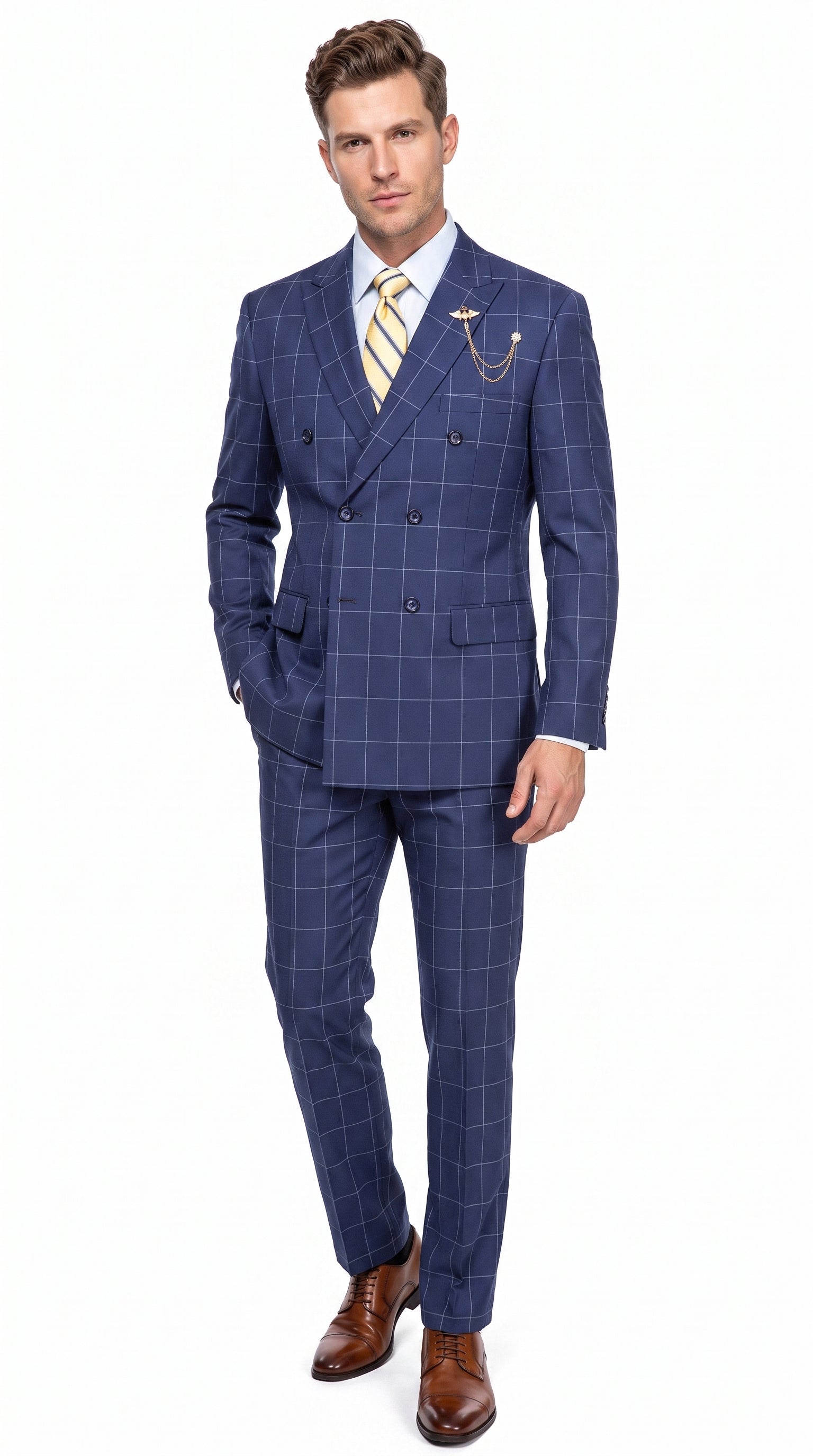 Men’s Blue Plaid Double-Breasted Suit – Side-Vented Wedding, Business and Formal Suit - 34 Short or Extra Small