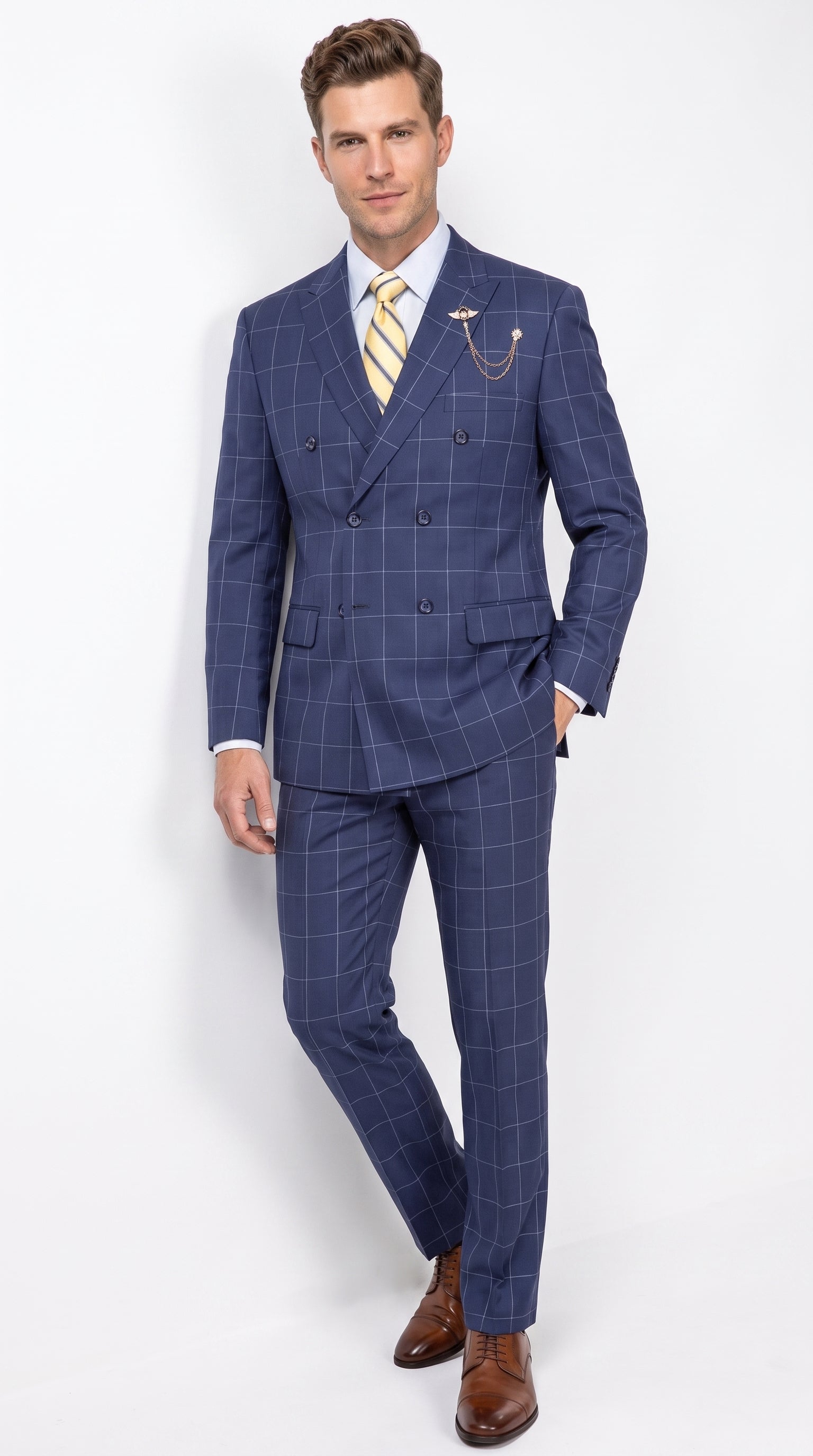 Men’s Blue Plaid Double-Breasted Suit – Side-Vented Wedding, Business and Formal Suit - 34 Short or Extra Small