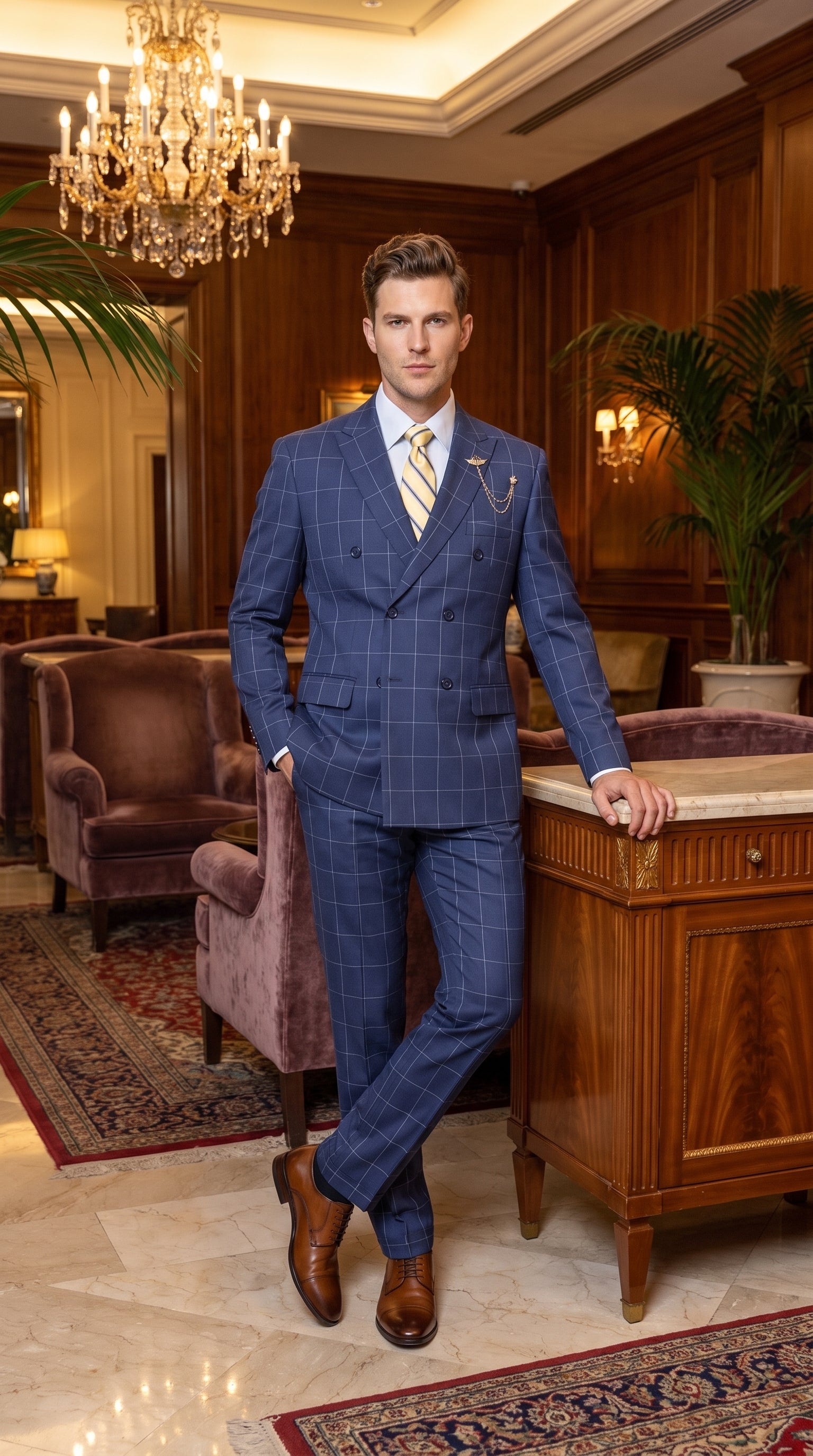 Men’s Blue Plaid Double-Breasted Suit – Side-Vented Wedding, Business and Formal Suit