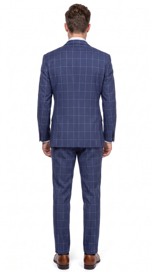Men’s Blue Plaid Double-Breasted Suit – Side-Vented Wedding, Business and Formal Suit