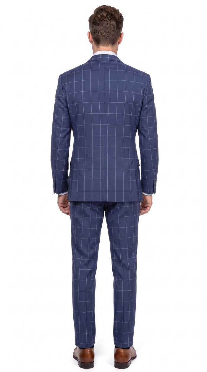 Men’s Blue Plaid Double-Breasted Suit – Side-Vented Wedding, Business and Formal Suit