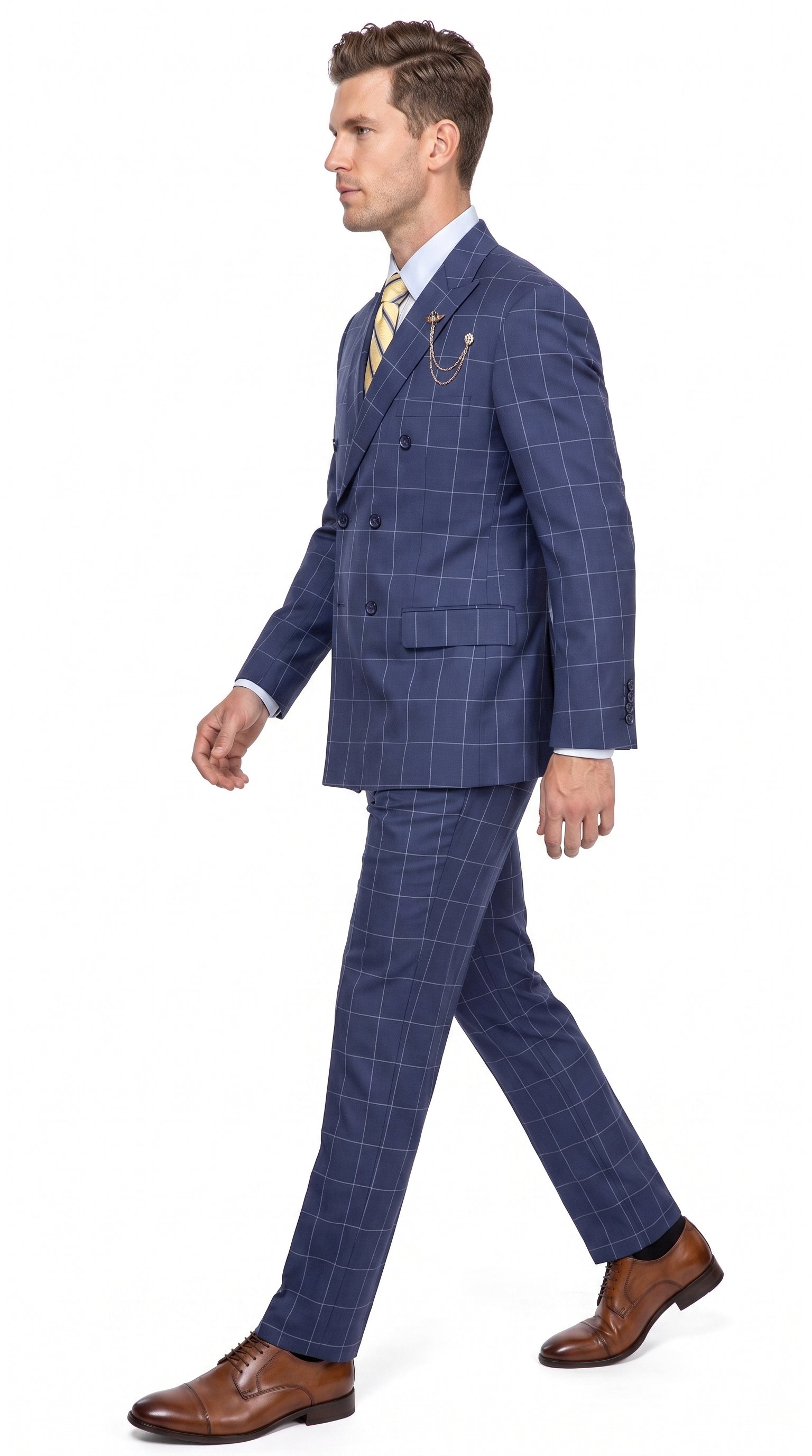 Men’s Blue Plaid Double-Breasted Suit – Side-Vented Wedding, Business and Formal Suit - 34 Short or Extra Small