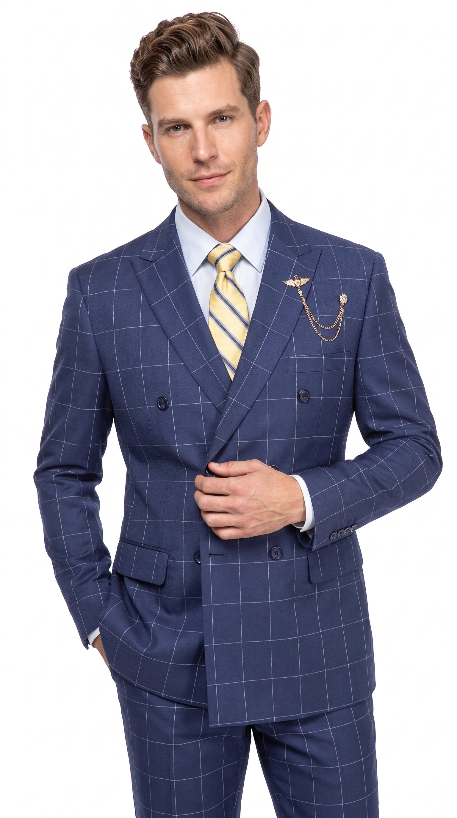 Men’s Blue Plaid Double-Breasted Suit – Side-Vented Wedding, Business and Formal Suit - 34 Short or Extra Small