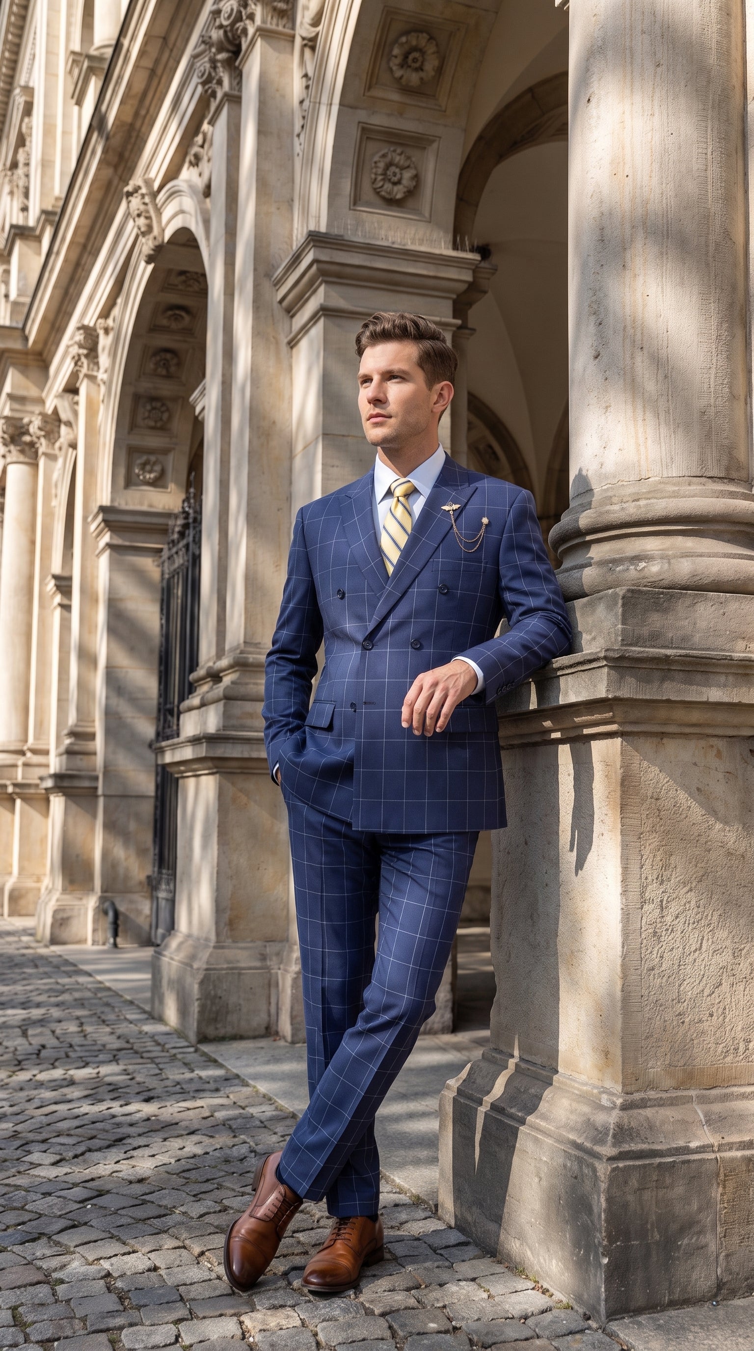 Men’s Blue Plaid Double-Breasted Suit – Side-Vented Wedding, Business and Formal Suit - 34 Short or Extra Small