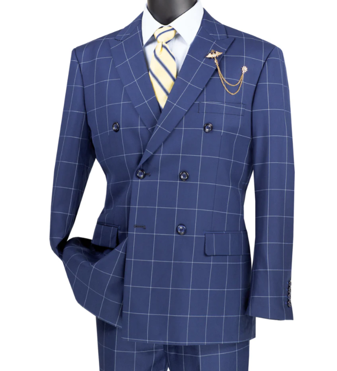 Men’s Blue Plaid Double-Breasted Suit – Side-Vented Wedding, Business and Formal Suit - 34 Short or Extra Small