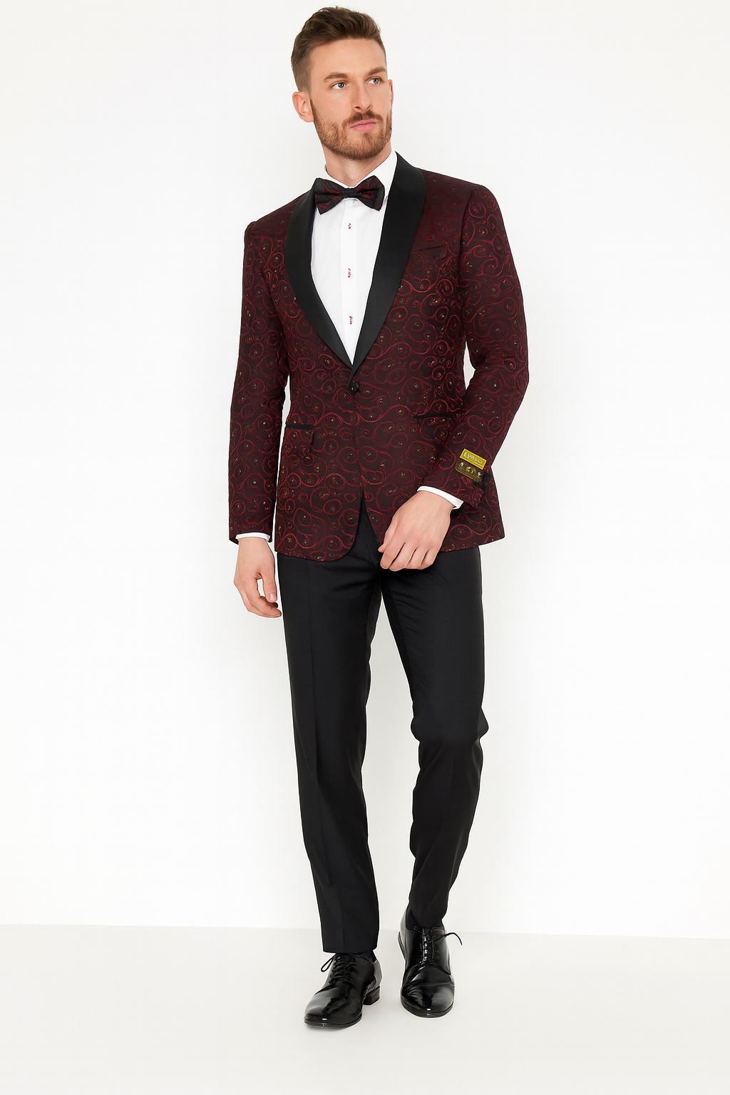 Men’s Burgundy Paisley Tuxedo Jacket – Slim Fit Dinner Blazer with Black Satin Lapel With Bowtie - Small