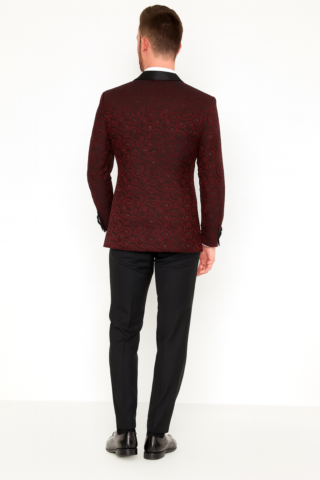 Men’s Burgundy Paisley Tuxedo Jacket – Slim Fit Dinner Blazer with Black Satin Lapel With Bowtie - Small