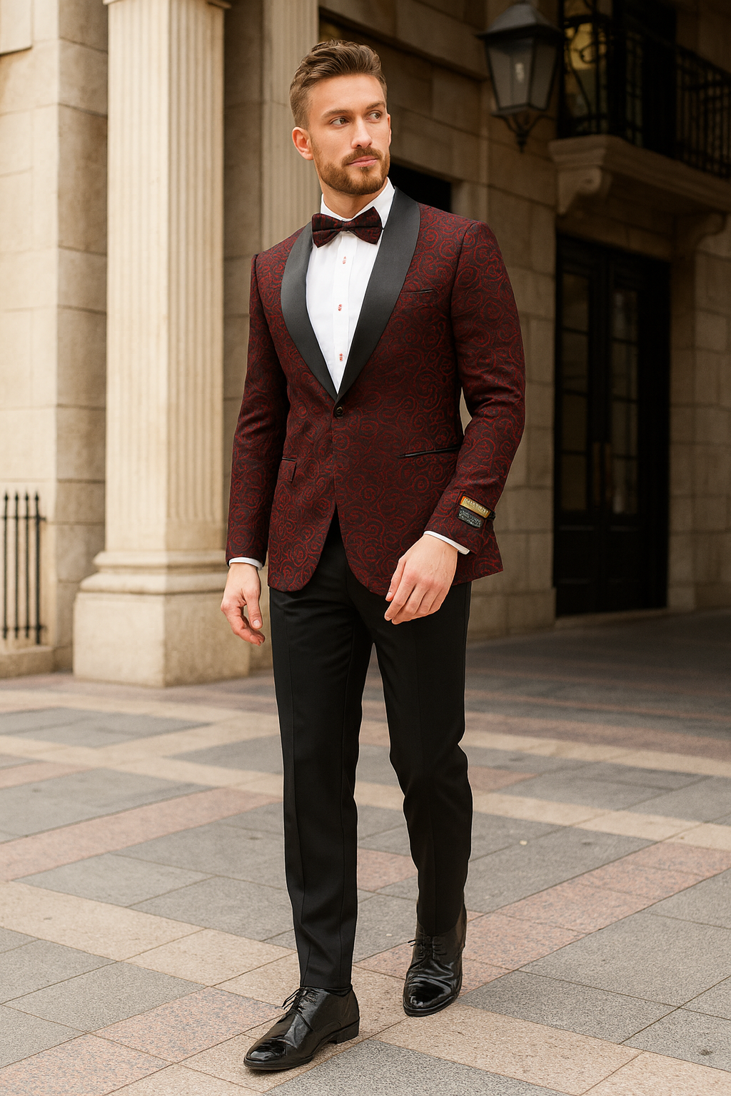 Men’s Burgundy Paisley Tuxedo Jacket – Slim Fit Dinner Blazer with Black Satin Lapel With Bowtie - Small