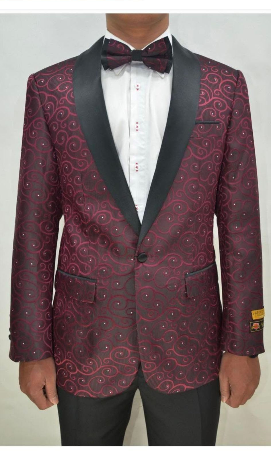 Men’s Burgundy Paisley Tuxedo Jacket – Slim Fit Dinner Blazer with Black Satin Lapel With Bowtie - Small
