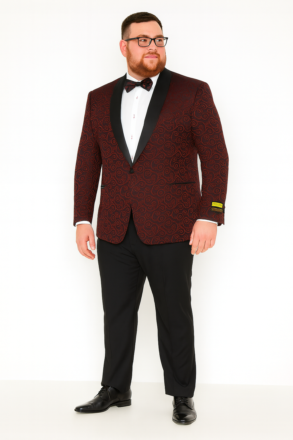 Men’s Burgundy Paisley Tuxedo Jacket – Slim Fit Dinner Blazer with Black Satin Lapel With Bowtie - Small