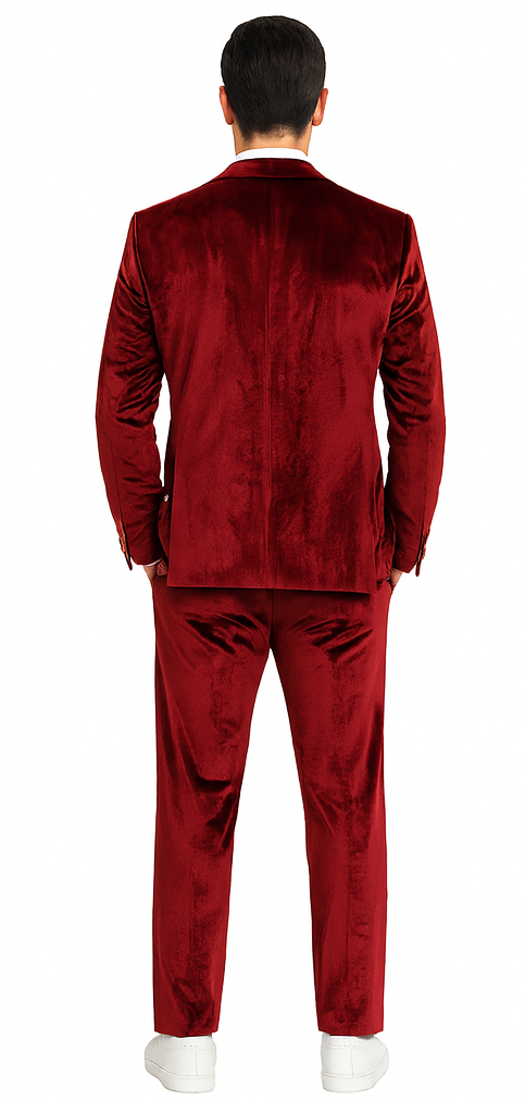 Mens Burgundy Velvet Suit | Tazzio 2-Piece Slim Fit Peak Lapel Formalwear Set