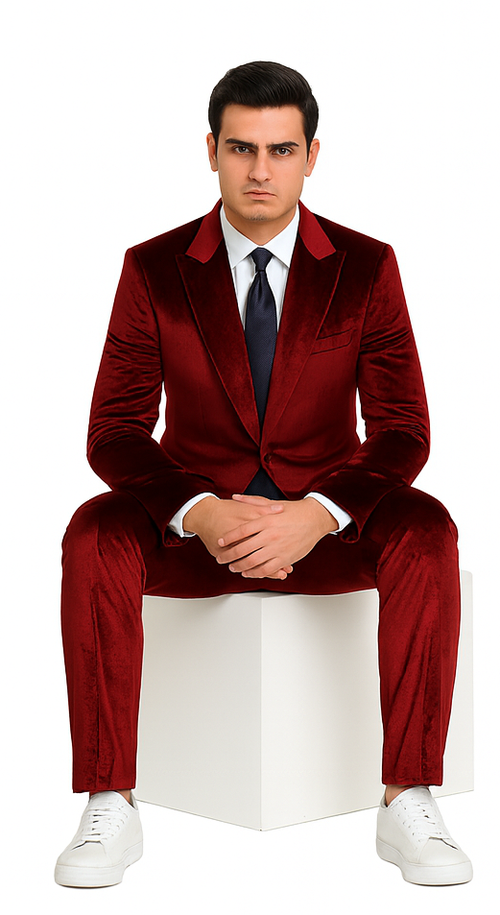 Mens Burgundy Velvet Suit | Tazzio 2-Piece Slim Fit Peak Lapel Formalwear Set