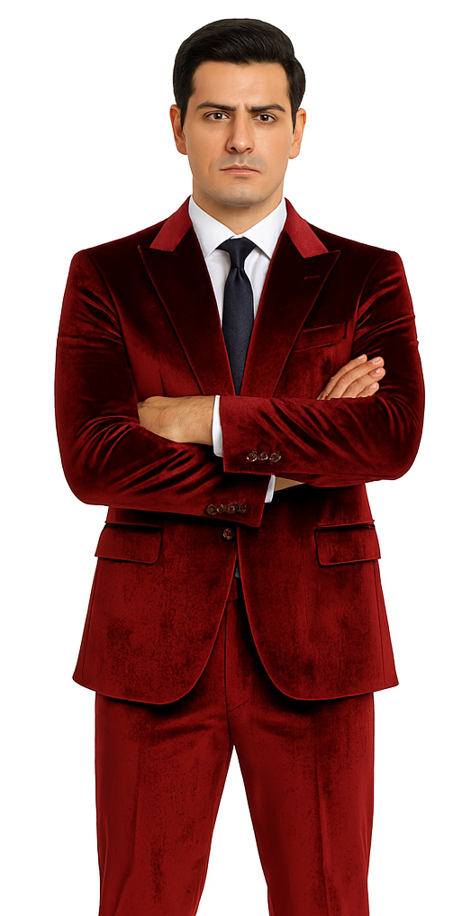 Mens Burgundy Velvet Suit | Tazzio 2-Piece Slim Fit Peak Lapel Formalwear Set